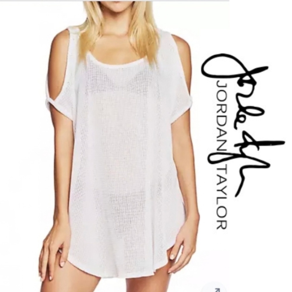 Jordan Taylor white textured cold shoulder tunic cover up, M, CB2526